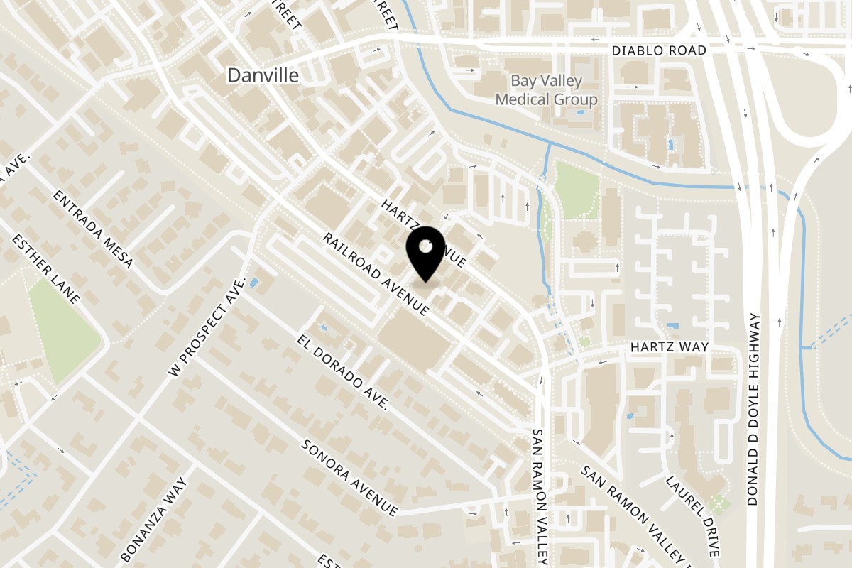 Map showing the location of Crush'd Wine Bar Kitchen on 312 Railroad Ave Ste B in Danville